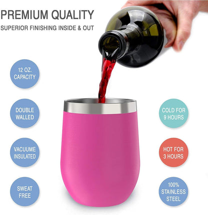 12 oz Stainless Steel Wine Tumblers 2 Pack - Double Wall Vacuum Insulated Wine Glasses Cups with Lids and Straws Set Keeping Cold & Hot for Coffee, Beer, Ice Cream - Dishwasher Safe