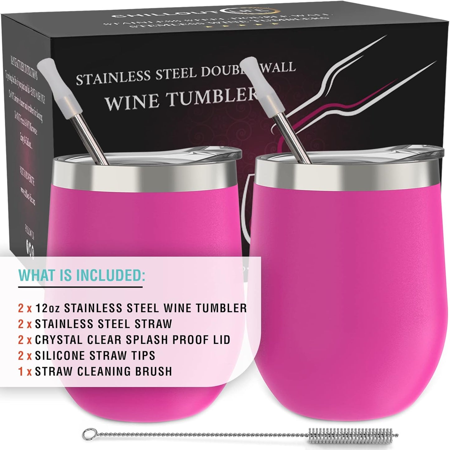 12 oz Stainless Steel Wine Tumblers 2 Pack - Double Wall Vacuum Insulated Wine Glasses Cups with Lids and Straws Set Keeping Cold & Hot for Coffee, Beer, Ice Cream - Dishwasher Safe