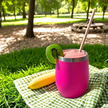 12 oz Stainless Steel Wine Tumblers 2 Pack - Double Wall Vacuum Insulated Wine Glasses Cups with Lids and Straws Set Keeping Cold & Hot for Coffee, Beer, Ice Cream - Dishwasher Safe