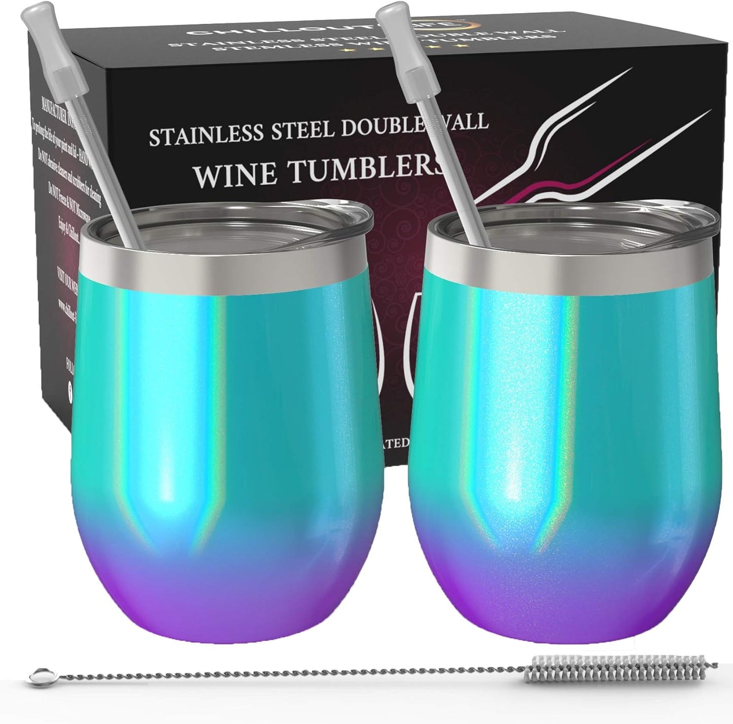 12 oz Stainless Steel Wine Tumblers 2 Pack - Double Wall Vacuum Insulated Wine Glasses Cups with Lids and Straws Set Keeping Cold & Hot for Coffee, Beer, Ice Cream - Dishwasher Safe
