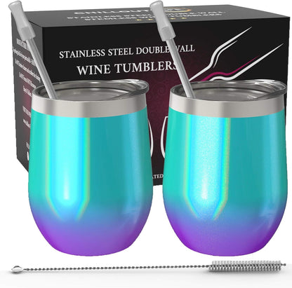 12 oz Stainless Steel Wine Tumblers 2 Pack - Double Wall Vacuum Insulated Wine Glasses Cups with Lids and Straws Set Keeping Cold & Hot for Coffee, Beer, Ice Cream - Dishwasher Safe