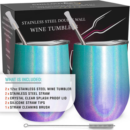 12 oz Stainless Steel Wine Tumblers 2 Pack - Double Wall Vacuum Insulated Wine Glasses Cups with Lids and Straws Set Keeping Cold & Hot for Coffee, Beer, Ice Cream - Dishwasher Safe