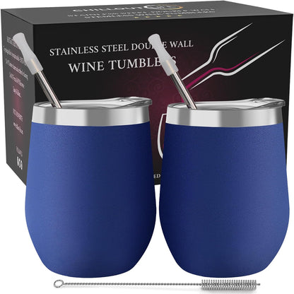 12 oz Stainless Steel Wine Tumblers 2 Pack - Double Wall Vacuum Insulated Wine Glasses Cups with Lids and Straws Set Keeping Cold & Hot for Coffee, Beer, Ice Cream - Dishwasher Safe