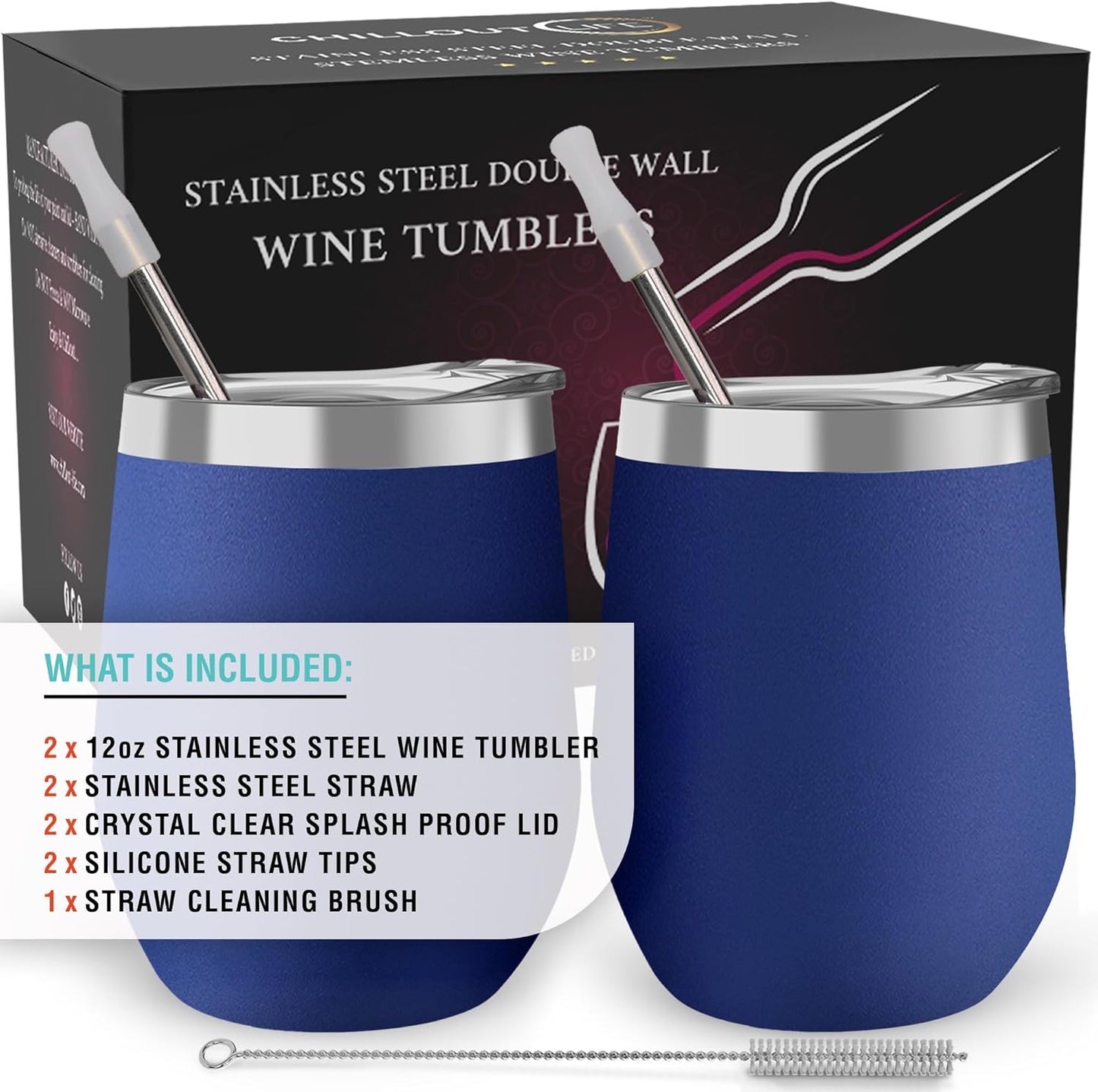 12 oz Stainless Steel Wine Tumblers 2 Pack - Double Wall Vacuum Insulated Wine Glasses Cups with Lids and Straws Set Keeping Cold & Hot for Coffee, Beer, Ice Cream - Dishwasher Safe