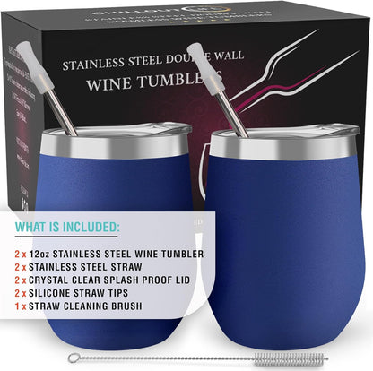 12 oz Stainless Steel Wine Tumblers 2 Pack - Double Wall Vacuum Insulated Wine Glasses Cups with Lids and Straws Set Keeping Cold & Hot for Coffee, Beer, Ice Cream - Dishwasher Safe