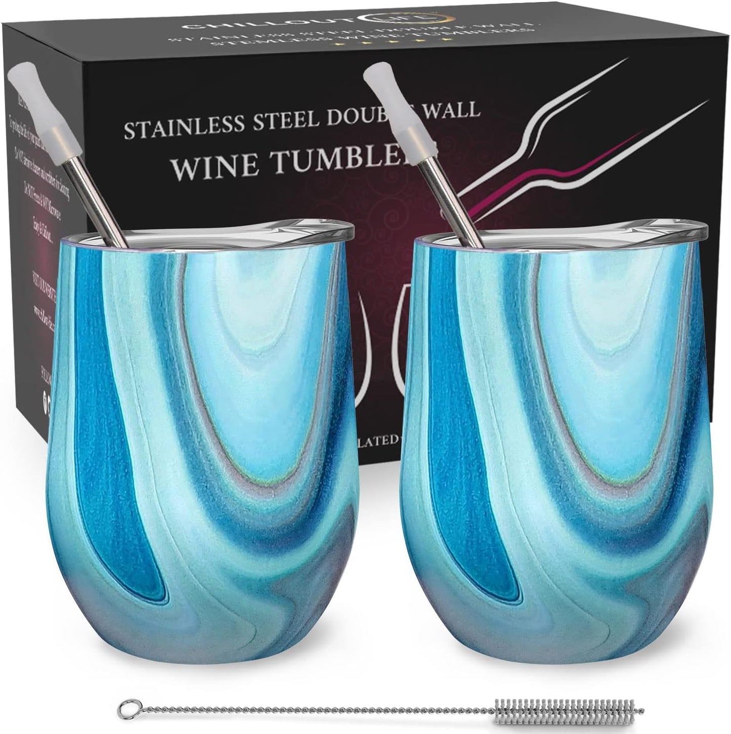 12 oz Stainless Steel Wine Tumblers 2 Pack - Double Wall Vacuum Insulated Wine Glasses Cups with Lids and Straws Set Keeping Cold & Hot for Coffee, Beer, Ice Cream - Dishwasher Safe