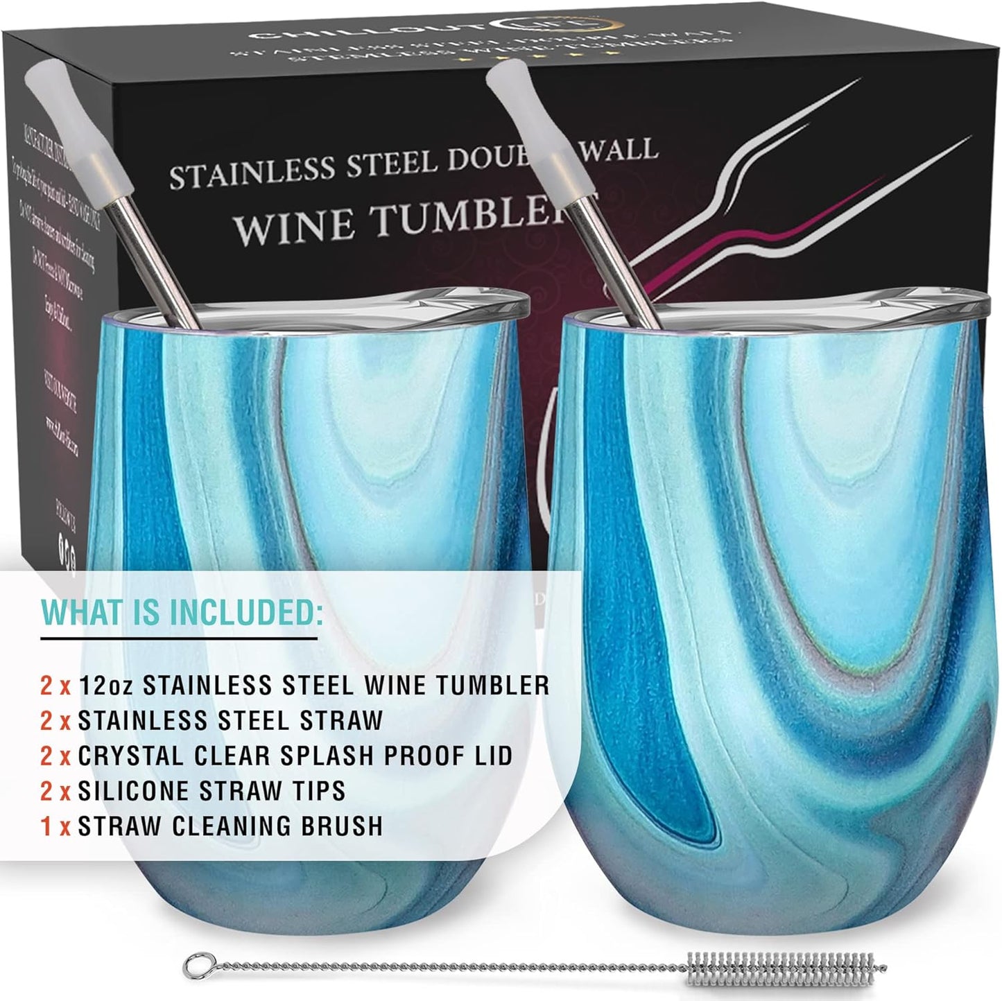 12 oz Stainless Steel Wine Tumblers 2 Pack - Double Wall Vacuum Insulated Wine Glasses Cups with Lids and Straws Set Keeping Cold & Hot for Coffee, Beer, Ice Cream - Dishwasher Safe