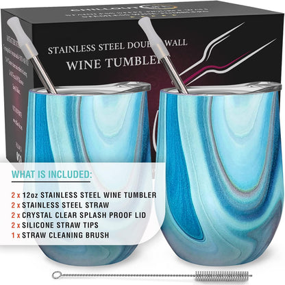 12 oz Stainless Steel Wine Tumblers 2 Pack - Double Wall Vacuum Insulated Wine Glasses Cups with Lids and Straws Set Keeping Cold & Hot for Coffee, Beer, Ice Cream - Dishwasher Safe
