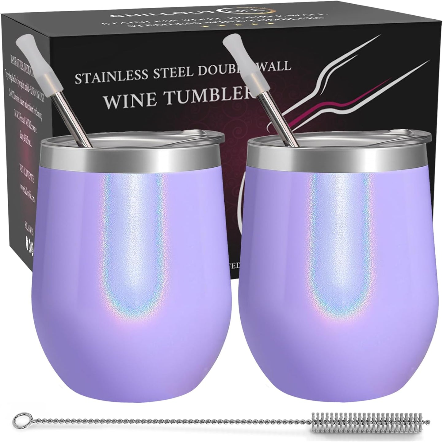 12 oz Stainless Steel Wine Tumblers 2 Pack - Double Wall Vacuum Insulated Wine Glasses Cups with Lids and Straws Set Keeping Cold & Hot for Coffee, Beer, Ice Cream - Dishwasher Safe