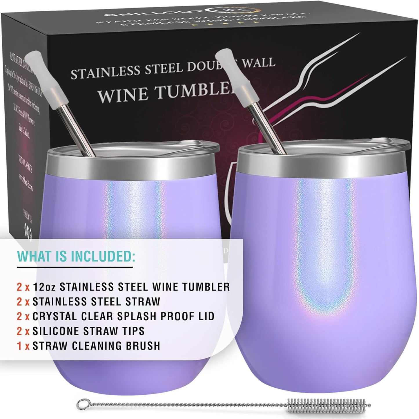 12 oz Stainless Steel Wine Tumblers 2 Pack - Double Wall Vacuum Insulated Wine Glasses Cups with Lids and Straws Set Keeping Cold & Hot for Coffee, Beer, Ice Cream - Dishwasher Safe