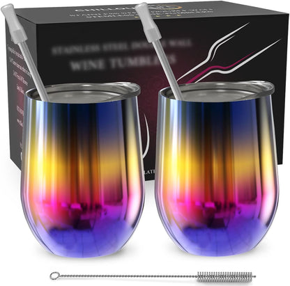 12 oz Stainless Steel Wine Tumblers 2 Pack - Double Wall Vacuum Insulated Wine Glasses Cups with Lids and Straws Set Keeping Cold & Hot for Coffee, Beer, Ice Cream - Dishwasher Safe