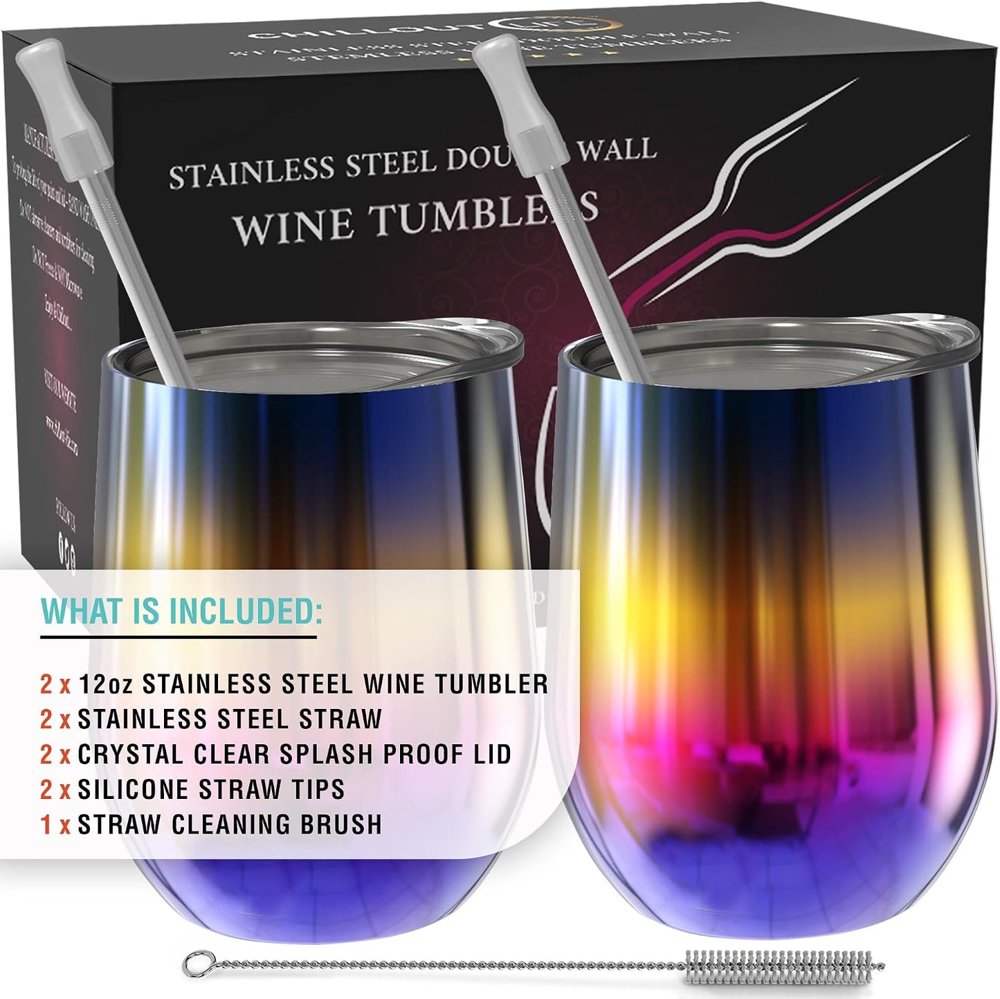 12 oz Stainless Steel Wine Tumblers 2 Pack - Double Wall Vacuum Insulated Wine Glasses Cups with Lids and Straws Set Keeping Cold & Hot for Coffee, Beer, Ice Cream - Dishwasher Safe