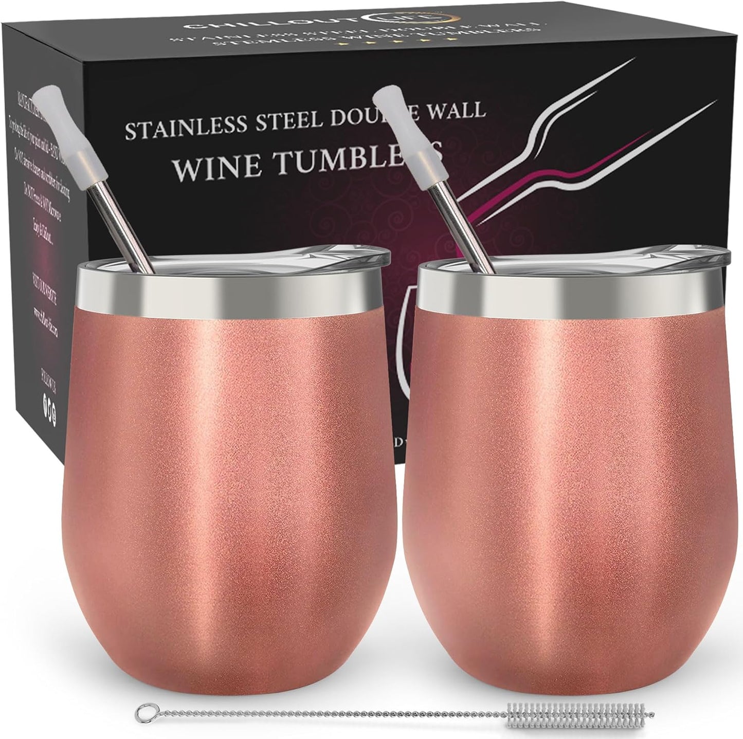 12 oz Stainless Steel Wine Tumblers 2 Pack - Double Wall Vacuum Insulated Wine Glasses Cups with Lids and Straws Set Keeping Cold & Hot for Coffee, Beer, Ice Cream - Dishwasher Safe