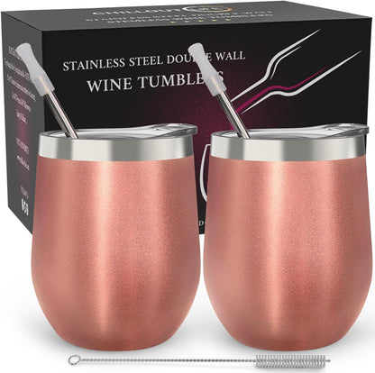 12 oz Stainless Steel Wine Tumblers 2 Pack - Double Wall Vacuum Insulated Wine Glasses Cups with Lids and Straws Set Keeping Cold & Hot for Coffee, Beer, Ice Cream - Dishwasher Safe