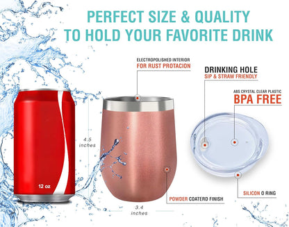 12 oz Stainless Steel Wine Tumblers 2 Pack - Double Wall Vacuum Insulated Wine Glasses Cups with Lids and Straws Set Keeping Cold & Hot for Coffee, Beer, Ice Cream - Dishwasher Safe