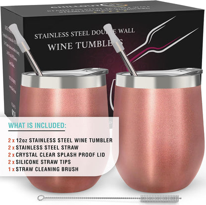 12 oz Stainless Steel Wine Tumblers 2 Pack - Double Wall Vacuum Insulated Wine Glasses Cups with Lids and Straws Set Keeping Cold & Hot for Coffee, Beer, Ice Cream - Dishwasher Safe