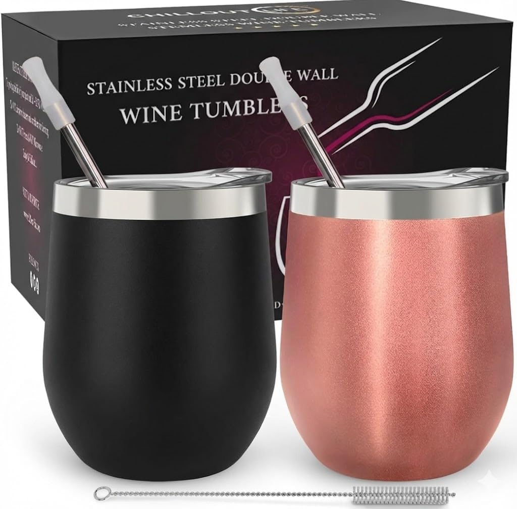 12 oz Stainless Steel Wine Tumblers 2 Pack - Double Wall Vacuum Insulated Wine Glasses Cups with Lids and Straws Set Keeping Cold & Hot for Coffee, Beer, Ice Cream - Dishwasher Safe