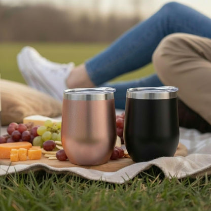 12 oz Stainless Steel Wine Tumblers 2 Pack - Double Wall Vacuum Insulated Wine Glasses Cups with Lids and Straws Set Keeping Cold & Hot for Coffee, Beer, Ice Cream - Dishwasher Safe