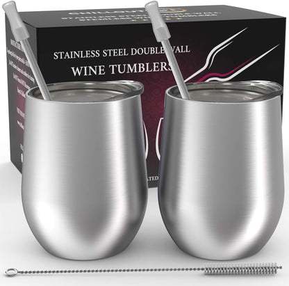 12 oz Stainless Steel Wine Tumblers 2 Pack - Double Wall Vacuum Insulated Wine Glasses Cups with Lids and Straws Set Keeping Cold & Hot for Coffee, Beer, Ice Cream - Dishwasher Safe