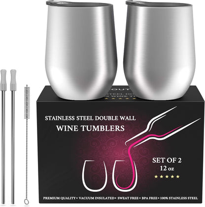12 oz Stainless Steel Wine Tumblers 2 Pack - Double Wall Vacuum Insulated Wine Glasses Cups with Lids and Straws Set Keeping Cold & Hot for Coffee, Beer, Ice Cream - Dishwasher Safe