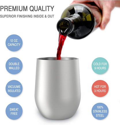 12 oz Stainless Steel Wine Tumblers 2 Pack - Double Wall Vacuum Insulated Wine Glasses Cups with Lids and Straws Set Keeping Cold & Hot for Coffee, Beer, Ice Cream - Dishwasher Safe