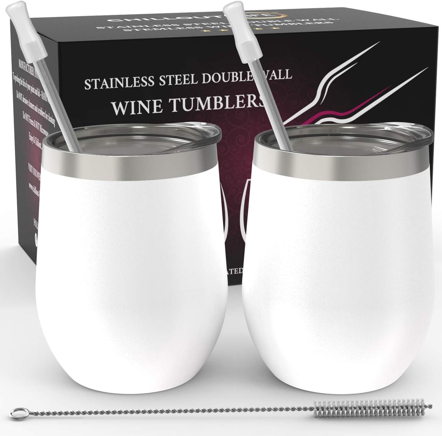 12 oz Stainless Steel Wine Tumblers 2 Pack - Double Wall Vacuum Insulated Wine Glasses Cups with Lids and Straws Set Keeping Cold & Hot for Coffee, Beer, Ice Cream - Dishwasher Safe