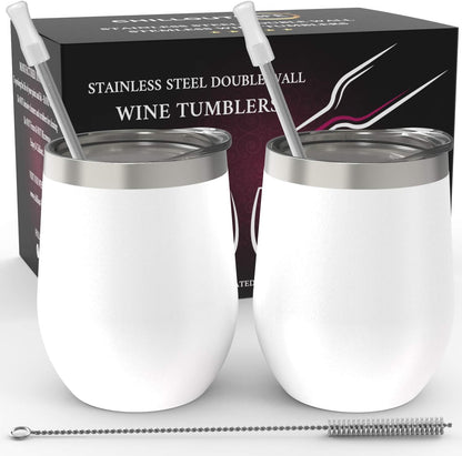 12 oz Stainless Steel Wine Tumblers 2 Pack - Double Wall Vacuum Insulated Wine Glasses Cups with Lids and Straws Set Keeping Cold & Hot for Coffee, Beer, Ice Cream - Dishwasher Safe