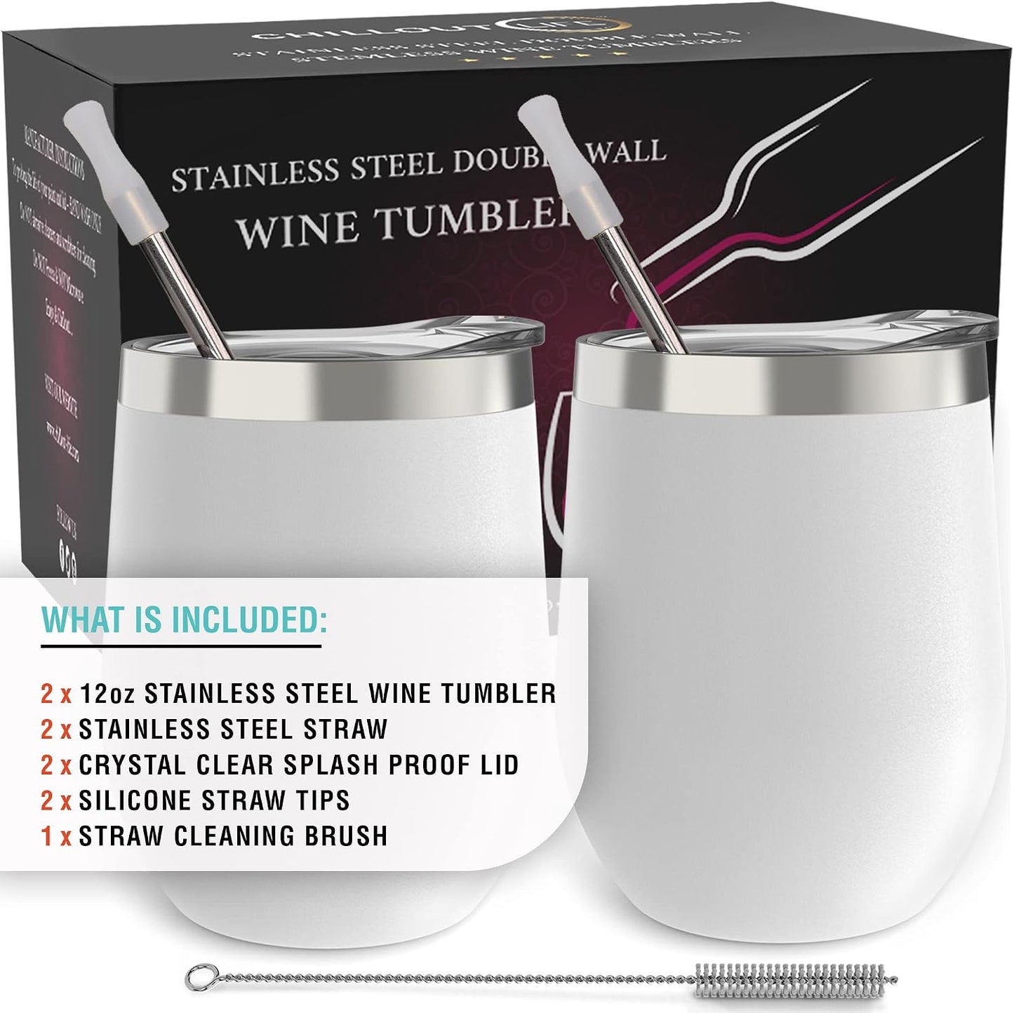 12 oz Stainless Steel Wine Tumblers 2 Pack - Double Wall Vacuum Insulated Wine Glasses Cups with Lids and Straws Set Keeping Cold & Hot for Coffee, Beer, Ice Cream - Dishwasher Safe