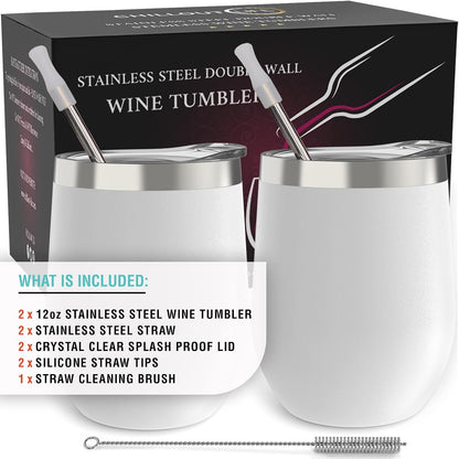 12 oz Stainless Steel Wine Tumblers 2 Pack - Double Wall Vacuum Insulated Wine Glasses Cups with Lids and Straws Set Keeping Cold & Hot for Coffee, Beer, Ice Cream - Dishwasher Safe
