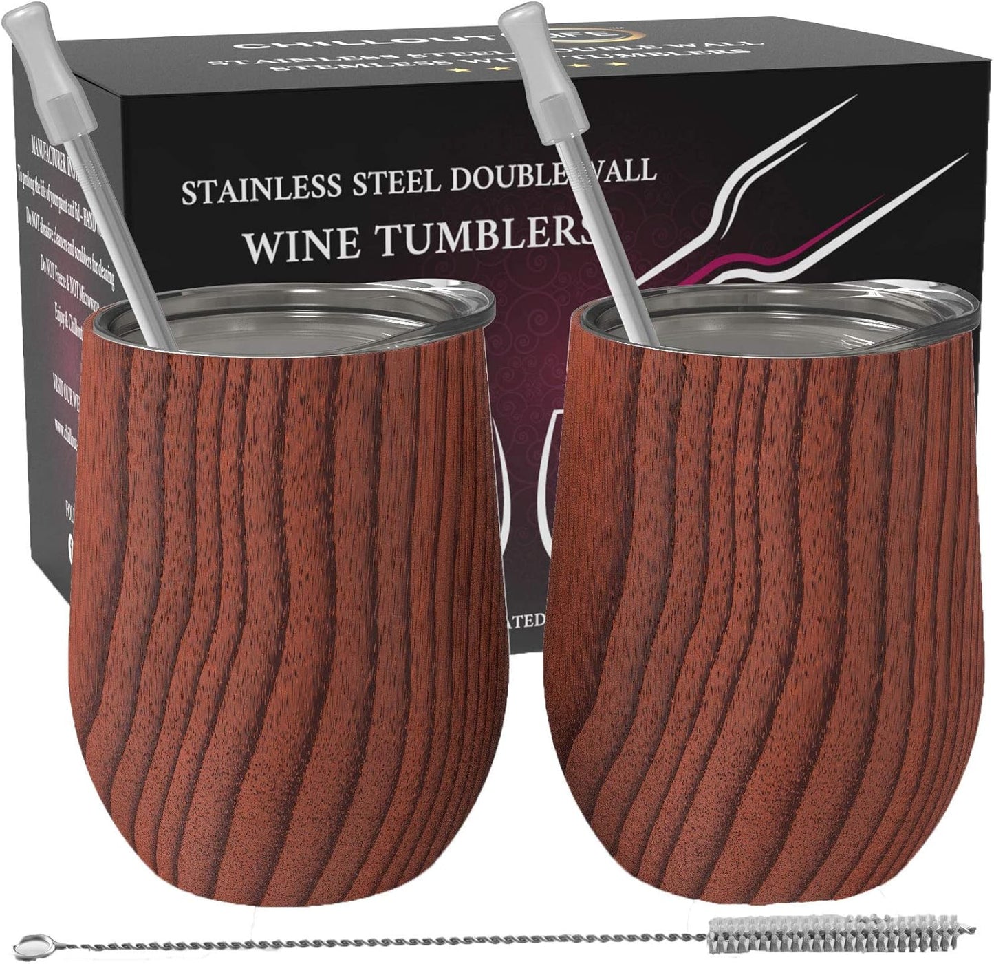12 oz Stainless Steel Wine Tumblers 2 Pack - Double Wall Vacuum Insulated Wine Glasses Cups with Lids and Straws Set Keeping Cold & Hot for Coffee, Beer, Ice Cream - Dishwasher Safe