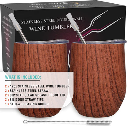 12 oz Stainless Steel Wine Tumblers 2 Pack - Double Wall Vacuum Insulated Wine Glasses Cups with Lids and Straws Set Keeping Cold & Hot for Coffee, Beer, Ice Cream - Dishwasher Safe