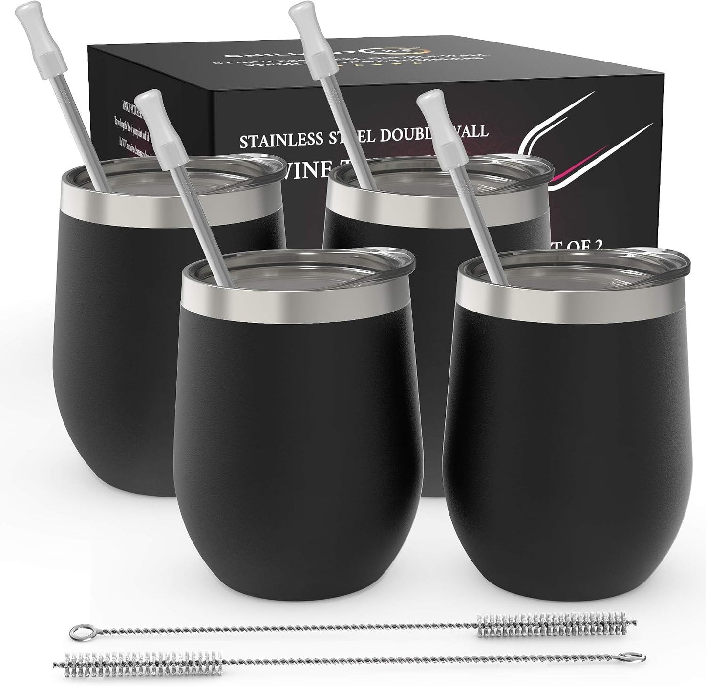 12 oz Stainless Steel Wine Tumblers 2 Pack - Double Wall Vacuum Insulated Wine Glasses Cups with Lids and Straws Set Keeping Cold & Hot for Coffee, Beer, Ice Cream - Dishwasher Safe