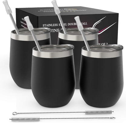 12 oz Stainless Steel Wine Tumblers 2 Pack - Double Wall Vacuum Insulated Wine Glasses Cups with Lids and Straws Set Keeping Cold & Hot for Coffee, Beer, Ice Cream - Dishwasher Safe