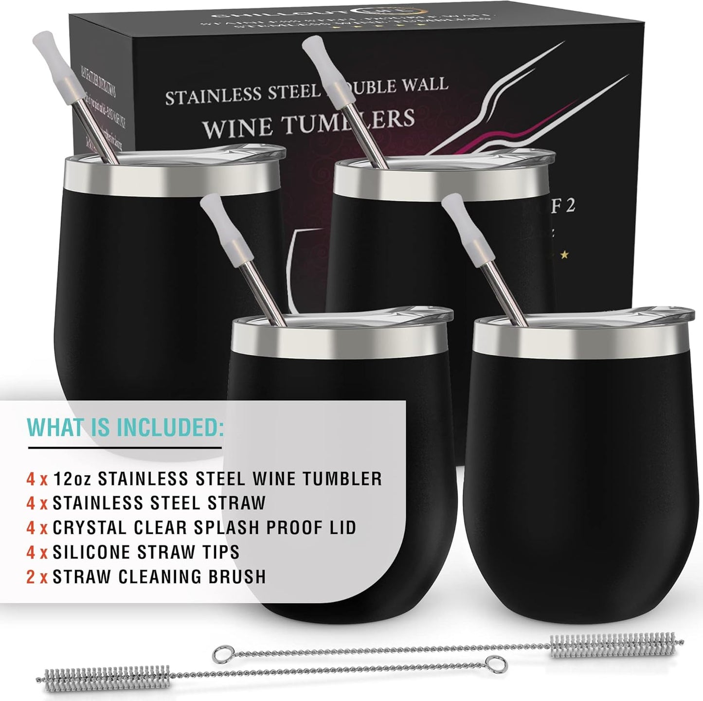 12 oz Stainless Steel Wine Tumblers 2 Pack - Double Wall Vacuum Insulated Wine Glasses Cups with Lids and Straws Set Keeping Cold & Hot for Coffee, Beer, Ice Cream - Dishwasher Safe