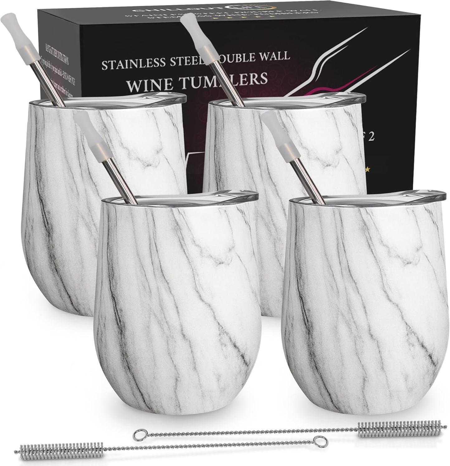 12 oz Stainless Steel Wine Tumblers 2 Pack - Double Wall Vacuum Insulated Wine Glasses Cups with Lids and Straws Set Keeping Cold & Hot for Coffee, Beer, Ice Cream - Dishwasher Safe