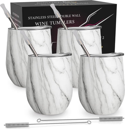 12 oz Stainless Steel Wine Tumblers 2 Pack - Double Wall Vacuum Insulated Wine Glasses Cups with Lids and Straws Set Keeping Cold & Hot for Coffee, Beer, Ice Cream - Dishwasher Safe