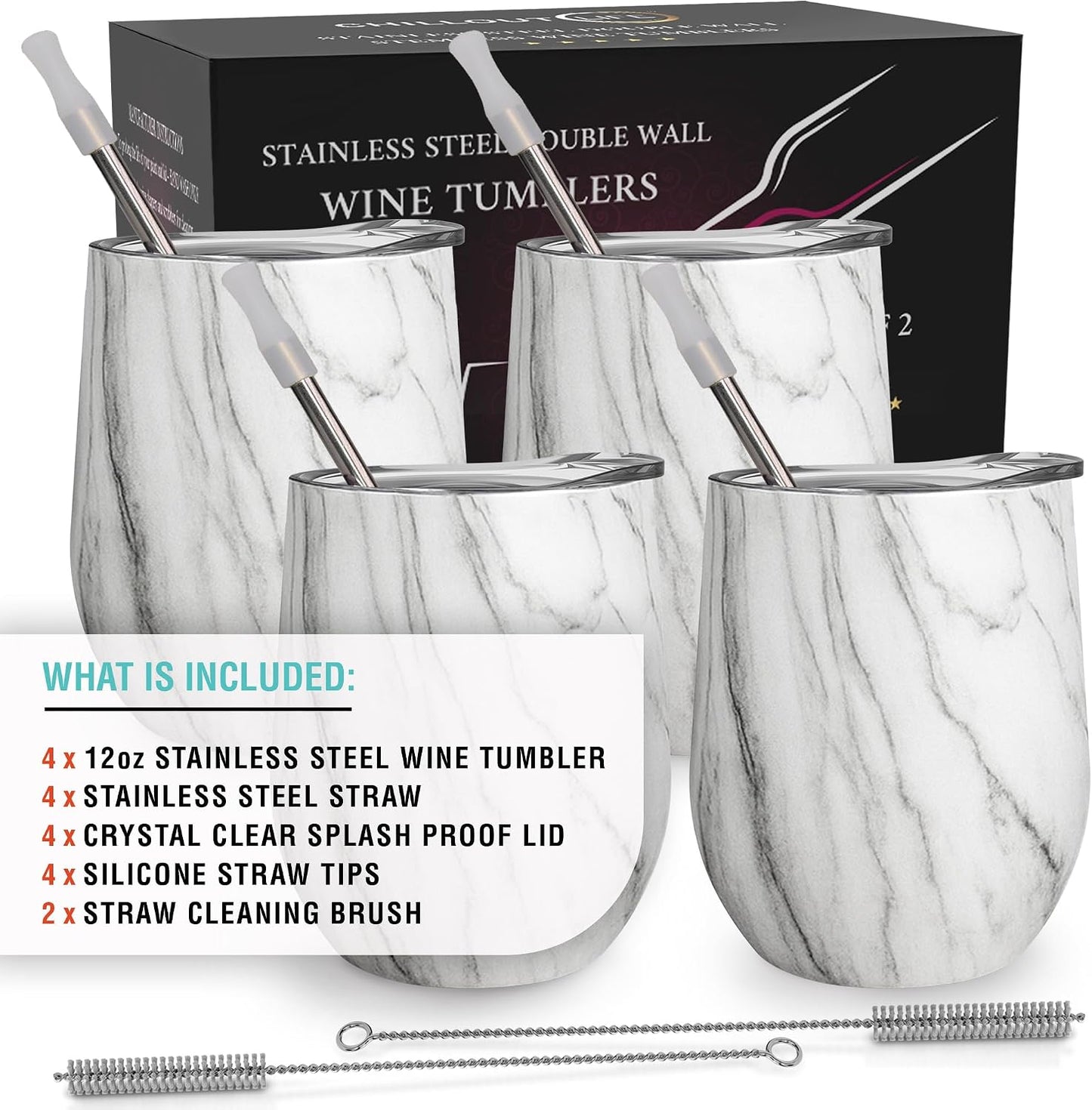12 oz Stainless Steel Wine Tumblers 2 Pack - Double Wall Vacuum Insulated Wine Glasses Cups with Lids and Straws Set Keeping Cold & Hot for Coffee, Beer, Ice Cream - Dishwasher Safe