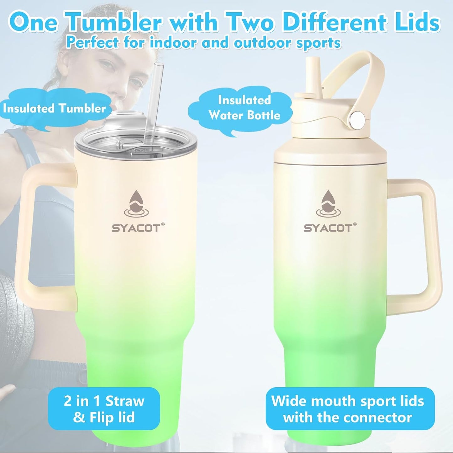 40 oz Tumbler with Handle and Straw or Convert to 40 oz Insulated Water Bottle Fits in Cup Holder. Stainless Steel Metal Water Flask with 2 Lids for Travel,Camping,Gym Sports Coffee Mug Thermal Cup