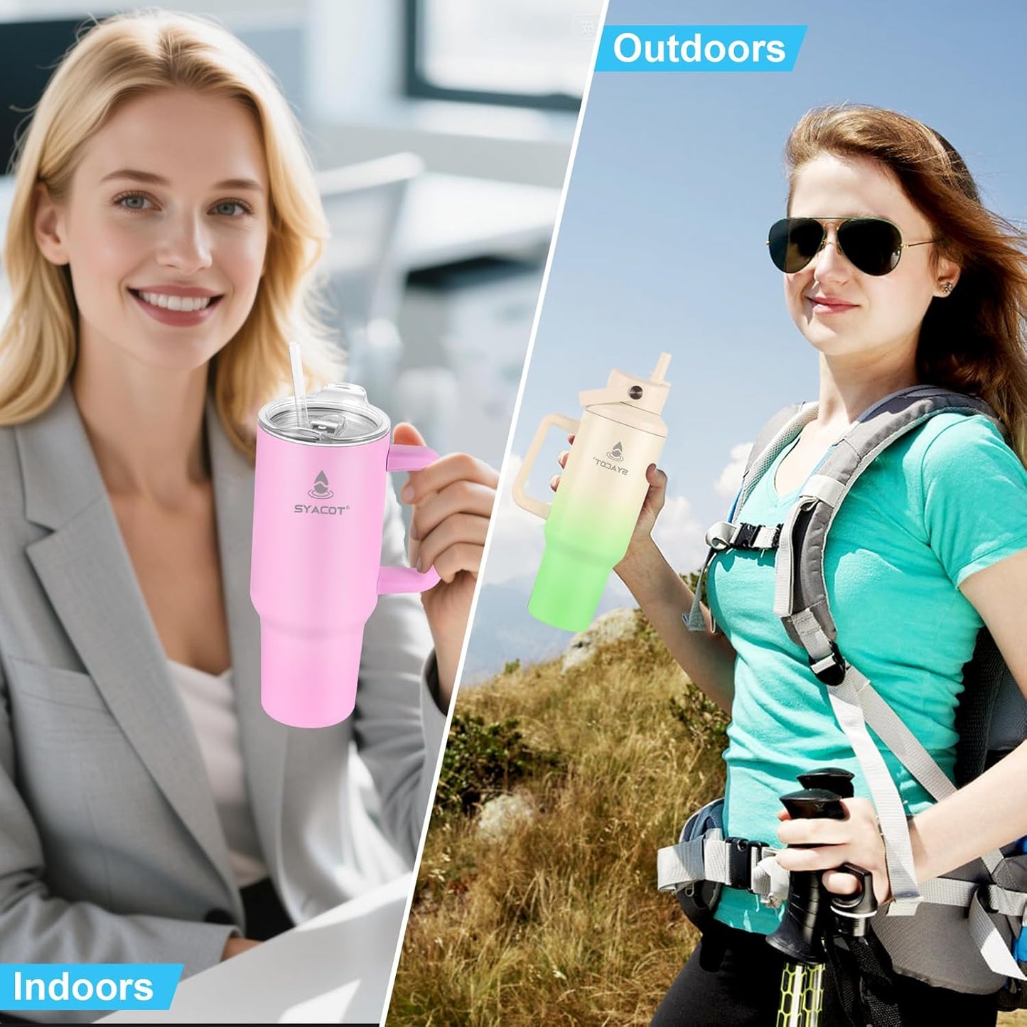 40 oz Tumbler with Handle and Straw or Convert to 40 oz Insulated Water Bottle Fits in Cup Holder. Stainless Steel Metal Water Flask with 2 Lids for Travel,Camping,Gym Sports Coffee Mug Thermal Cup