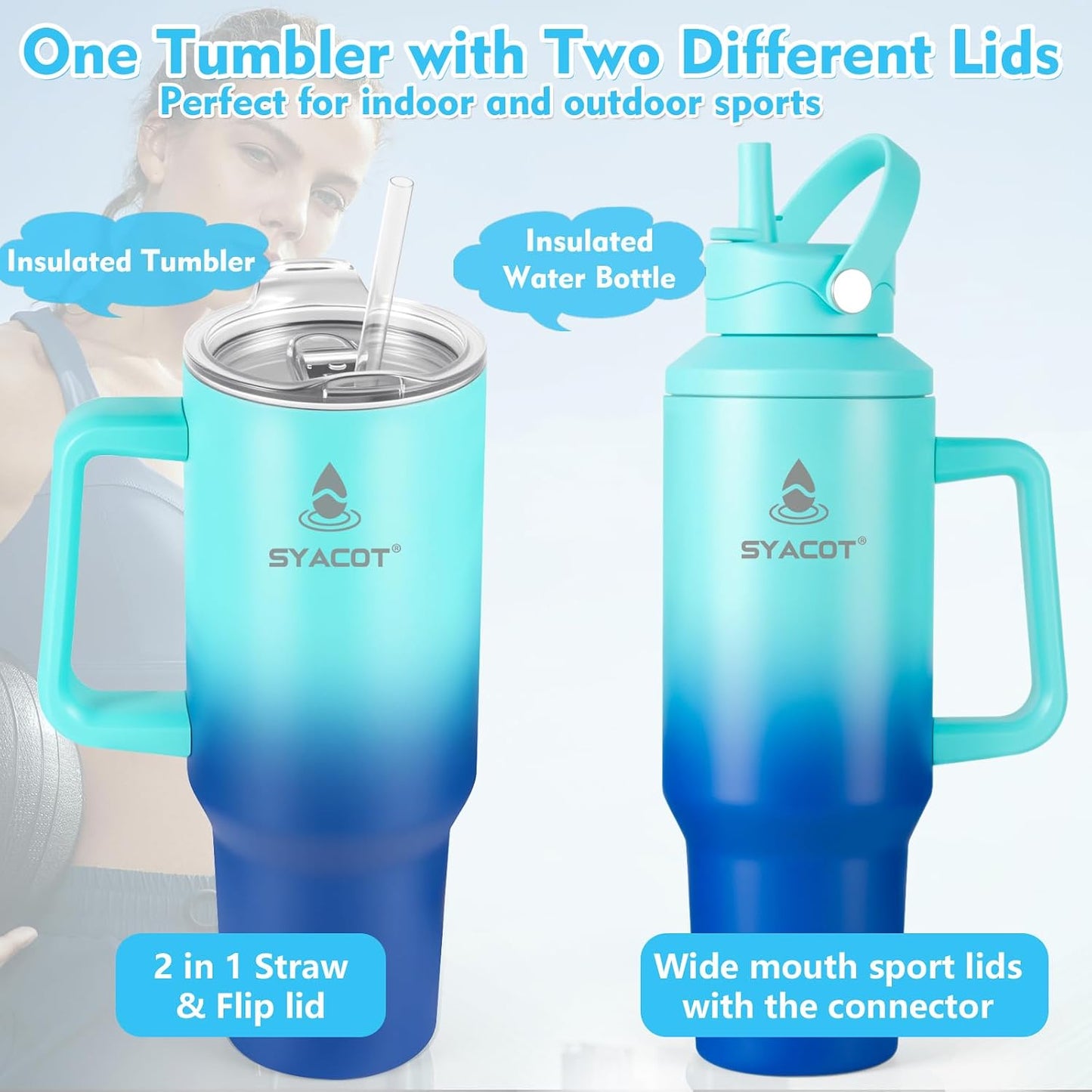 40 oz Tumbler with Handle and Straw or Convert to 40 oz Insulated Water Bottle Fits in Cup Holder. Stainless Steel Metal Water Flask with 2 Lids for Travel,Camping,Gym Sports Coffee Mug Thermal Cup