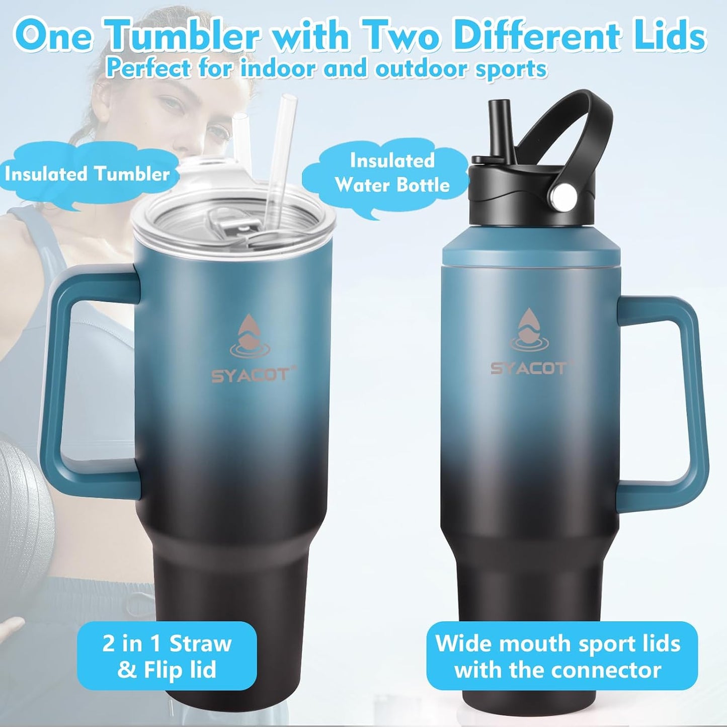 40 oz Tumbler with Handle and Straw or Convert to 40 oz Insulated Water Bottle Fits in Cup Holder. Stainless Steel Metal Water Flask with 2 Lids for Travel,Camping,Gym Sports Coffee Mug Thermal Cup
