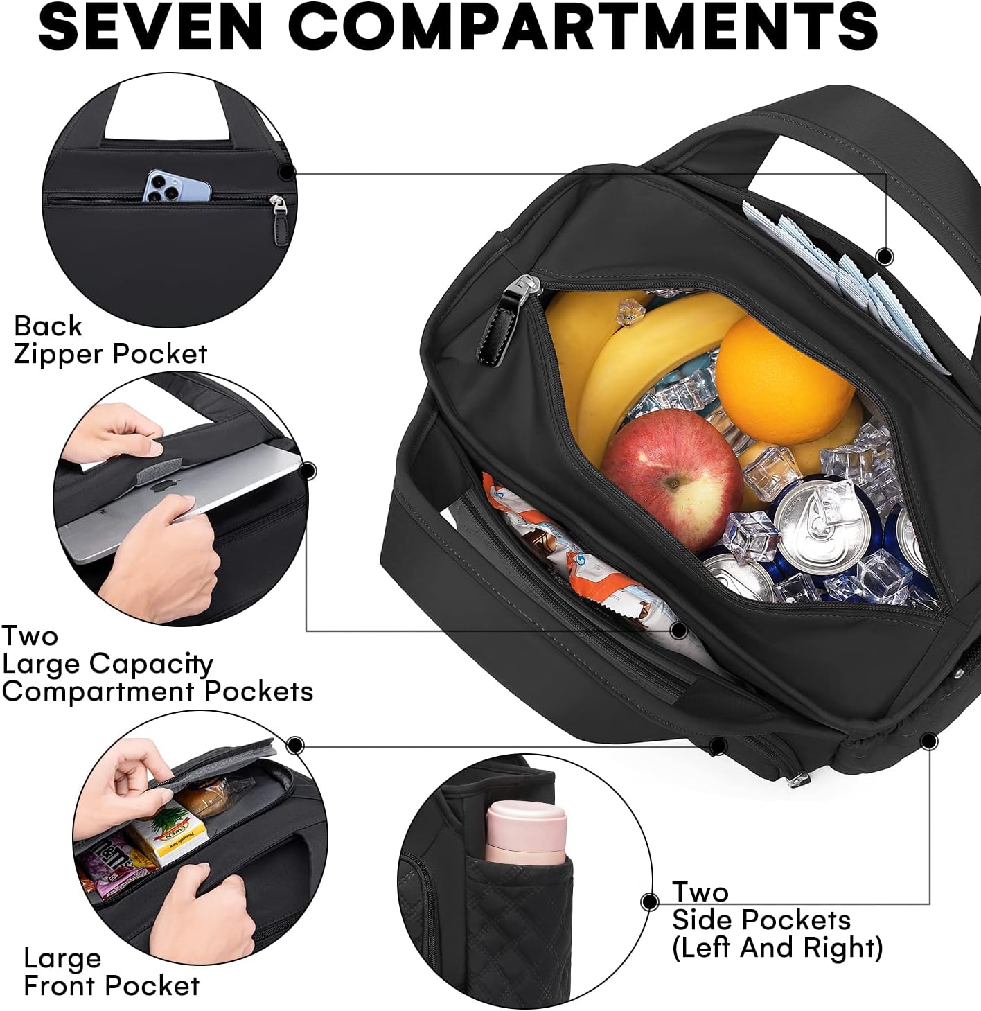 Insulated Lunch Bag for Women,Leak-Proof Cooler Lunch Box, Cooling Tote for Adult,with 7 Pockets,Adjustable Strap(15 Liters)