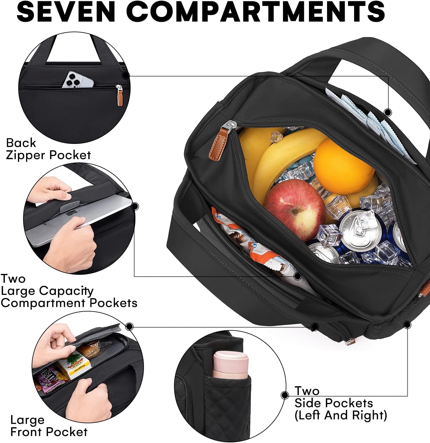 Insulated Lunch Bag for Women,Leak-Proof Cooler Lunch Box, Cooling Tote for Adult,with 7 Pockets,Adjustable Strap(15 Liters)