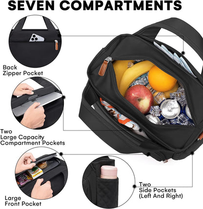 Insulated Lunch Bag for Women,Leak-Proof Cooler Lunch Box, Cooling Tote for Adult,with 7 Pockets,Adjustable Strap(15 Liters)