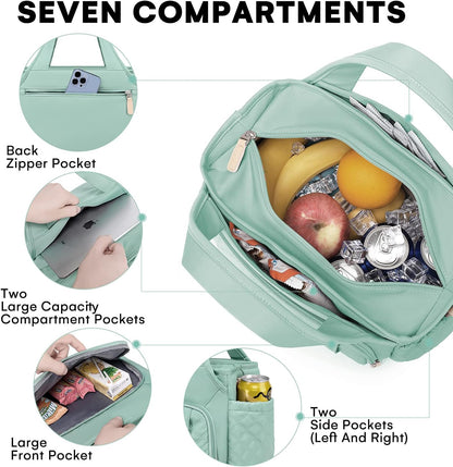 Insulated Lunch Bag for Women,Leak-Proof Cooler Lunch Box, Cooling Tote for Adult,with 7 Pockets,Adjustable Strap(15 Liters)