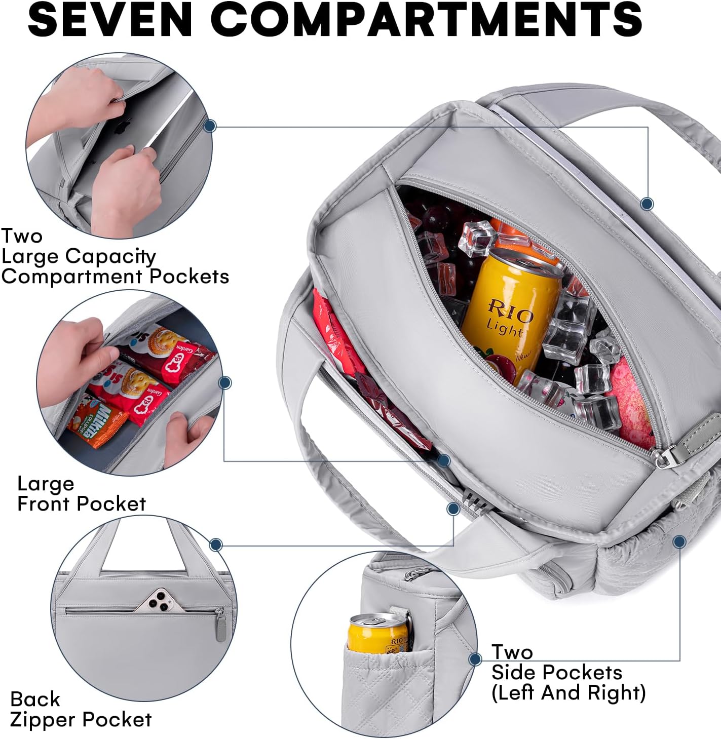 Insulated Lunch Bag for Women,Leak-Proof Cooler Lunch Box, Cooling Tote for Adult,with 7 Pockets,Adjustable Strap(15 Liters)