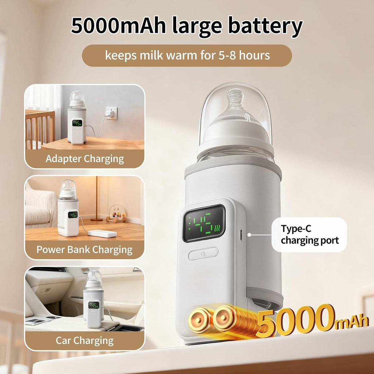 Portable Bottle Warmer,6 Temperature Settings,5000 mAh Battery