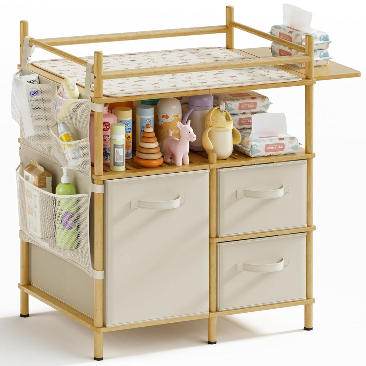 Baby Changing Table, Bamboo Baby Dresser Table with Flat Top, Diaper Changing Station with 3 Removable Storage Drawers, Large Storage Nursery Organizer Shelves with Pad, Mesh Pocket