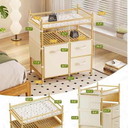 Baby Changing Table, Bamboo Baby Dresser Table with Flat Top, Diaper Changing Station with 3 Removable Storage Drawers, Large Storage Nursery Organizer Shelves with Pad, Mesh Pocket