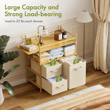 Baby Changing Table, Bamboo Baby Dresser Table with Flat Top, Diaper Changing Station with 3 Removable Storage Drawers, Large Storage Nursery Organizer Shelves with Pad, Mesh Pocket